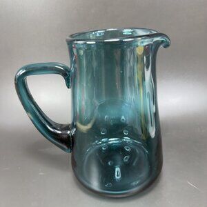 Mid Century Teal Green Art Glass Pitcher Jug Carafe Hand Blown Glassware Vintage
